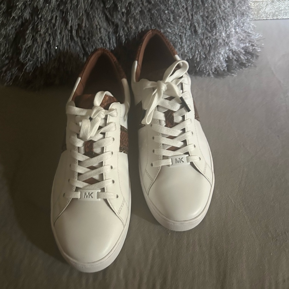 White and Brown Sneakers with Logo